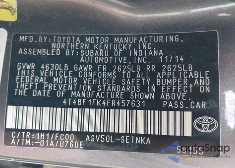 2015 Toyota Camry Le z USA, uszkodzony, nr VIN 4T4BF1FK4FR457631